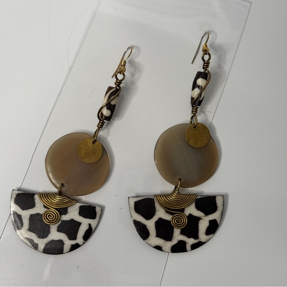 Gold Black Neutral Patterned Earrings - image 4